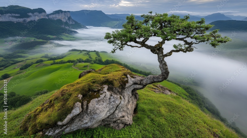 Obraz premium Unique twisted tree growing on a grassy hilltop with misty mountains in the background