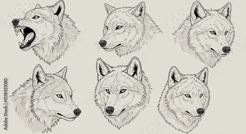 Six Detailed Artistic Illustrations of Gray Wolf Head Portraits