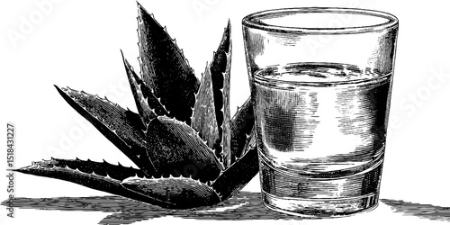 Engraved illustration of pulque drink with agave plant for traditional beverage design