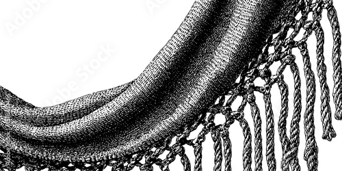 Intricate engraving of traditional rebozo shawl with detailed fringe design
