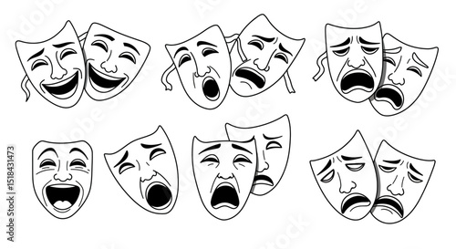Collection of Black and White Comedy and Tragedy Masks