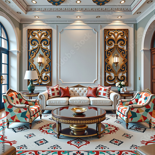 Luxurious classic living room interior, intricate detailing, and decorative wall paneling with vintage-style sconces. The design combines neoclassical elegance with rich patterns and textures, 