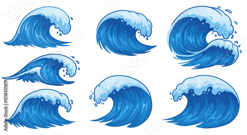 Collection of CartoonStyle Ocean Waves in Blue Hues