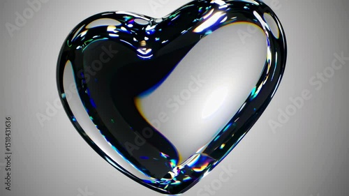 Fragile glass heart spinning, casting shimmering rainbow-like highlights across clean white surface, representing intimate emotional bonds