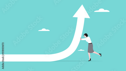 businesswoman pushing career path arrow in rising up direction illustration, business growth strategy, ambition to success or career development, training to improve employee performance concept