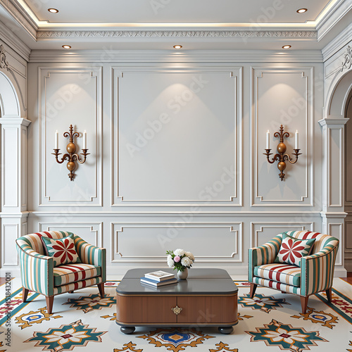 Luxurious classic living room interior, intricate detailing, and decorative wall paneling with vintage-style sconces. The design combines neoclassical elegance with rich patterns and textures, 