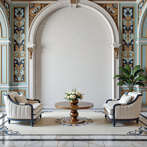 Luxurious classic living room interior, intricate detailing, and decorative wall paneling with vintage-style sconces. The design combines neoclassical elegance with rich patterns and textures, 