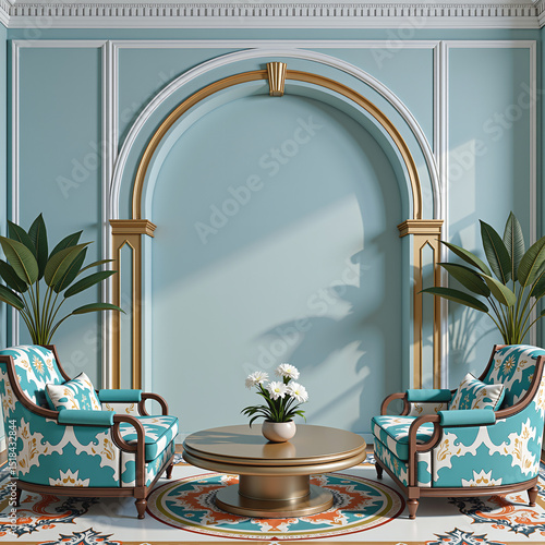 Luxurious classic living room interior, intricate detailing, and decorative wall paneling with vintage-style sconces. The design combines neoclassical elegance with rich patterns and textures, 