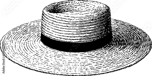Vintage straw hat engraving for retro fashion design and decor