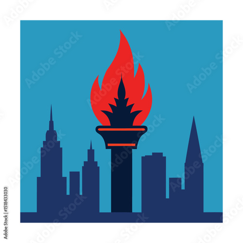 Cityscape silhouette with burning torch icon