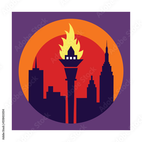 Cityscape silhouette with burning torch at sunset