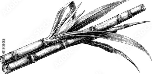 Engraved sugarcane stalk illustration with black botanical design for print