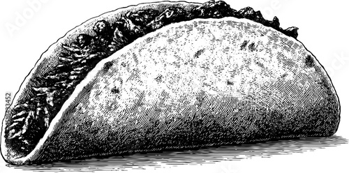 Detailed engraved illustration of classic taco with bold black lines for culinary design
