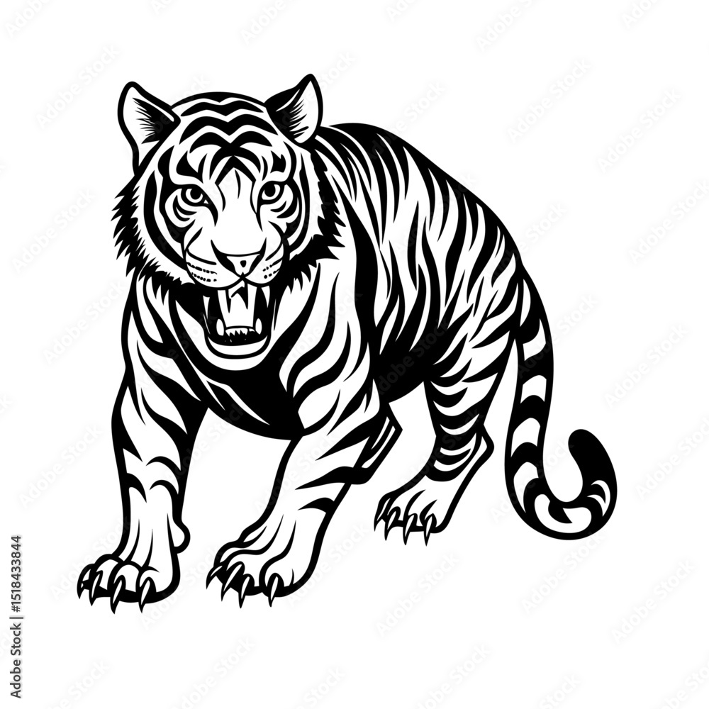 Realistic Tiger in Hunting Stance – Crouched on Clean White Studio Realistic Tiger in Hunting Stance – Crouched on Clean White Studio