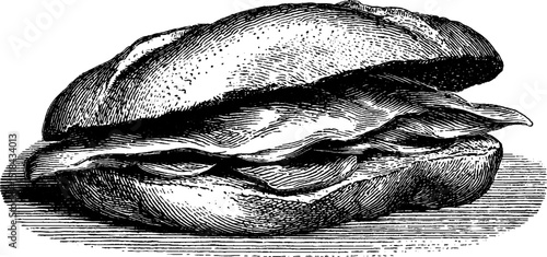 Engraved illustration of delicious torta sandwich on black background for culinary design