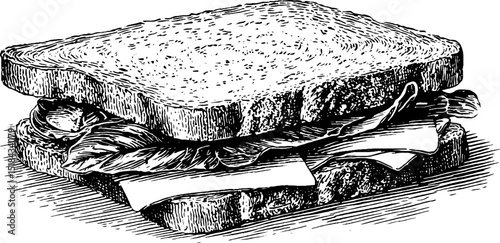 Engraved illustration of classic torta sandwich with black and white detailing