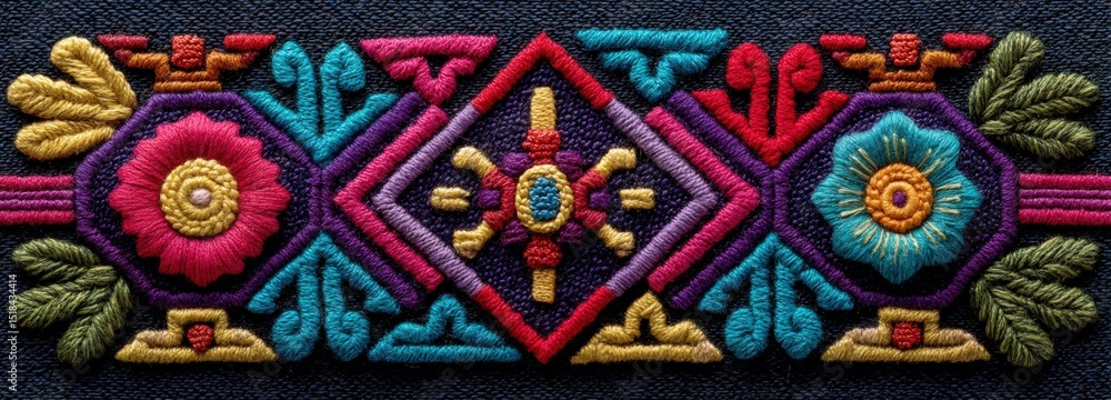 Fototapeta premium Vibrant Peruvian-inspired textile design featuring geometric shapes on a textured surface