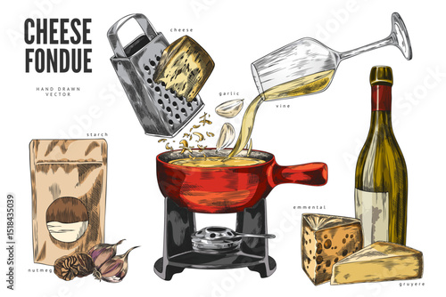Cheese fondue sketch vector set, hand drawn grated Edam cheese, garlic, wine, starch and nutmeg, fondue bowl heating