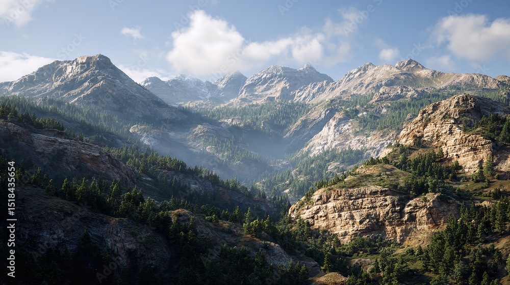 Fototapeta premium Misty mountain range panorama a tranquil escape into the wilderness showcasing nature s grandeur