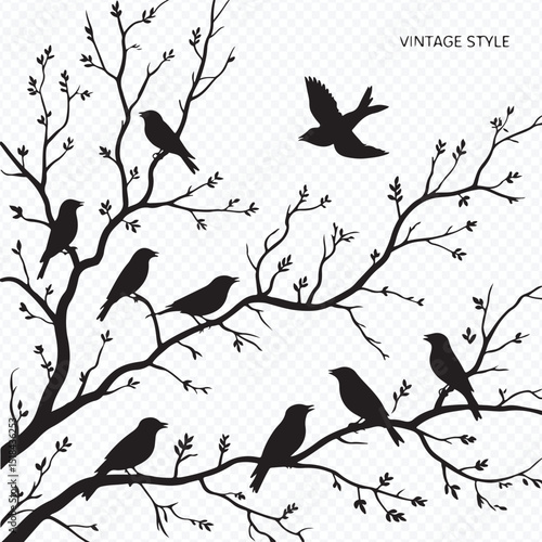 Black Birds on Tree Branches Silhouette Art Background