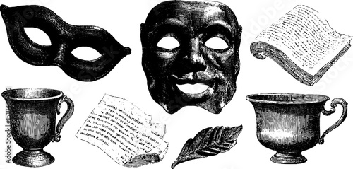 Vintage theatre masks and stage props engraving for classic performance design