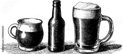 Vintage engraved design of ale bottle and glass with foam for brewing theme