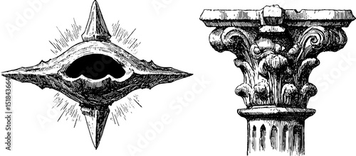 Engraved illustration set of alien artefact and architectural detail for design projects