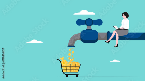 making cash flow, income from affiliate marketing program, get profits from business or dividends from stock investments, woman working on a water tap that dispenses lots of golden coins concept