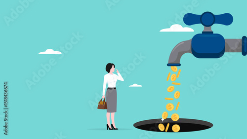 financial problem, businesswoman is confused to see the missing business income coin faucet, losses in business are caused by poor financial management