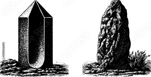 Engraved illustration of mysterious alien artifacts for design and printing projects