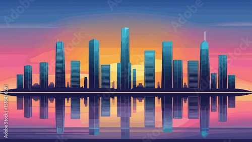 Modern city skyline at sunset with reflections in water and vibrant colors