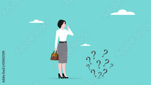 analysis of problems or irregularities, investigate the root cause of an incident or problem, looking for a solution to a problem, confused businesswoman analyzing question mark
