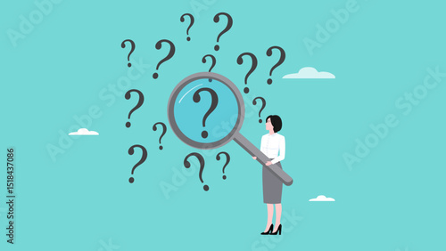 analysis of problems or irregularities, investigate the root cause of an incident or problem, looking for a solution to a problem, businesswoman analyzing question mark with magnifying glass