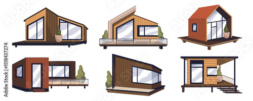 Set of modular building or mobile house. Vector smart construction and prefabricated home property. Accommodation modularity or eco living apartment. Architecture exterior. Housing efficiency.