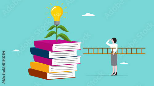 efforts to achieve higher education, cost to graduate high degree education, businesswoman with ladder preparing to climb book and education light bulb plant concept vector illustration