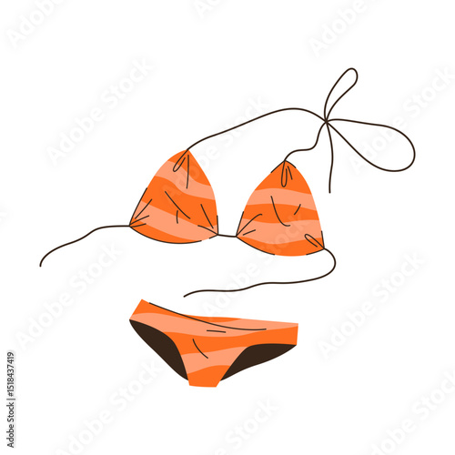 Woman beach swimsuit. Vector feminine summer swimwear for ocean or sea vacation. Seaside or pool cloth for summer leisure. Bikini for sunbathing, tropical fashion symbol. Swimming wear for holiday.