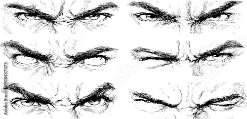 Engraved illustrations of angry expressions and frowns for emotional art design