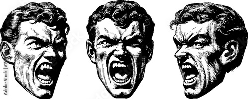 Engraved artwork of anger and emotion featuring snarling faces for design
