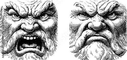 Intense expressions of fury and defiance in engraved art for emotional designs