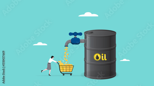 world oil investment profit, businesswoman investors getting gold coin from crude oil