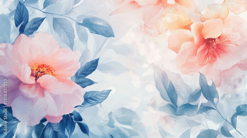 Watercolour floral set featuring soft pastel flowers and leaves Watercolour floral set featuring soft pastel flowers and leaves