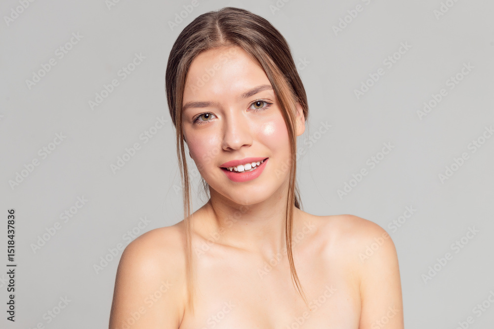 Beautiful Young Woman with Clean Fresh Skin touch own face Beautiful Young Woman with Clean Fresh Skin touch own face