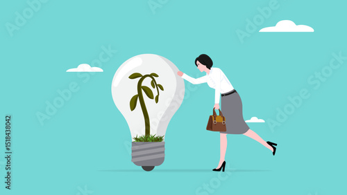 sad business woman leaning on dead light bulb idea with dead plants, unsustainable business ideas concept, industries that do not use environmentally friendly energy or renewable energy