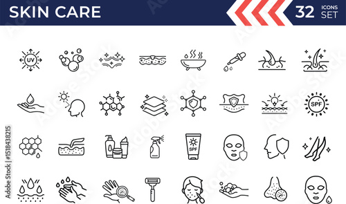 Line icon set of skin care. Vector illustration of wrinkle serum, sunscreen, face mask, sunscreen, uv vector collection