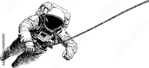 Engraved illustration of astronaut floating in space for science fiction design