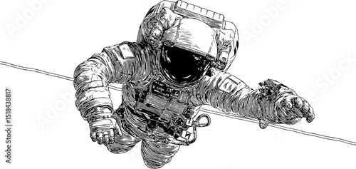 Engraved illustration of astronaut floating in space - design for science fiction and space exploration projects