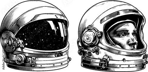 Intricate astronaut helmet engraving set with visor reflection design