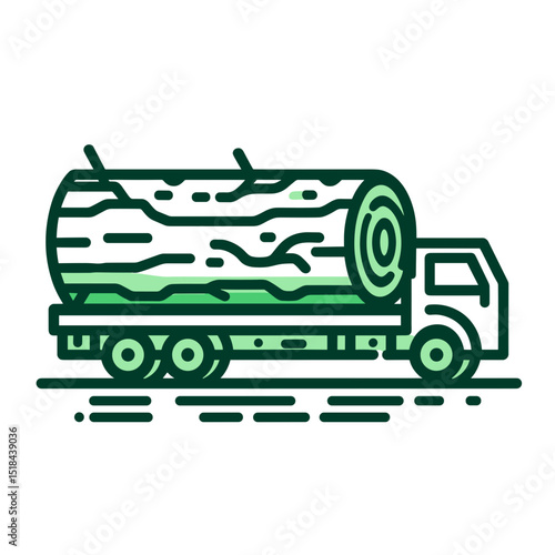 Logging truck transporting a log on a road in a minimalistic style  on a transparent background
