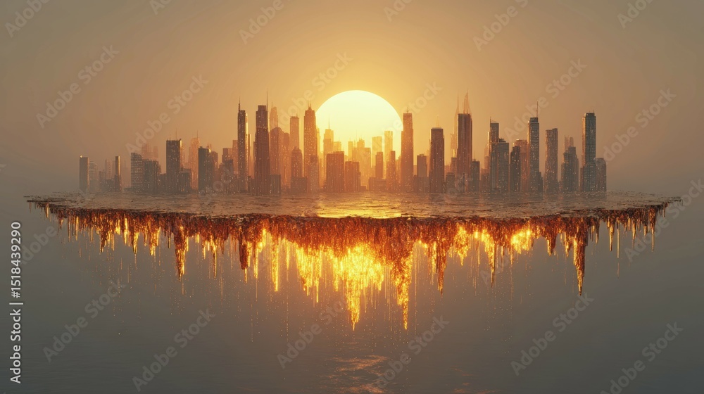 Melting city silhouette under a vibrant sunset with dripping textures Melting city silhouette under a vibrant sunset with dripping textures
