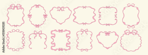 Cute ribbon frame set. Hand-drawn vector border. Pink bow, line sketch. Wavy, lace, oval shape. Soft, vintage look. Great for wedding, card, invite, decor.